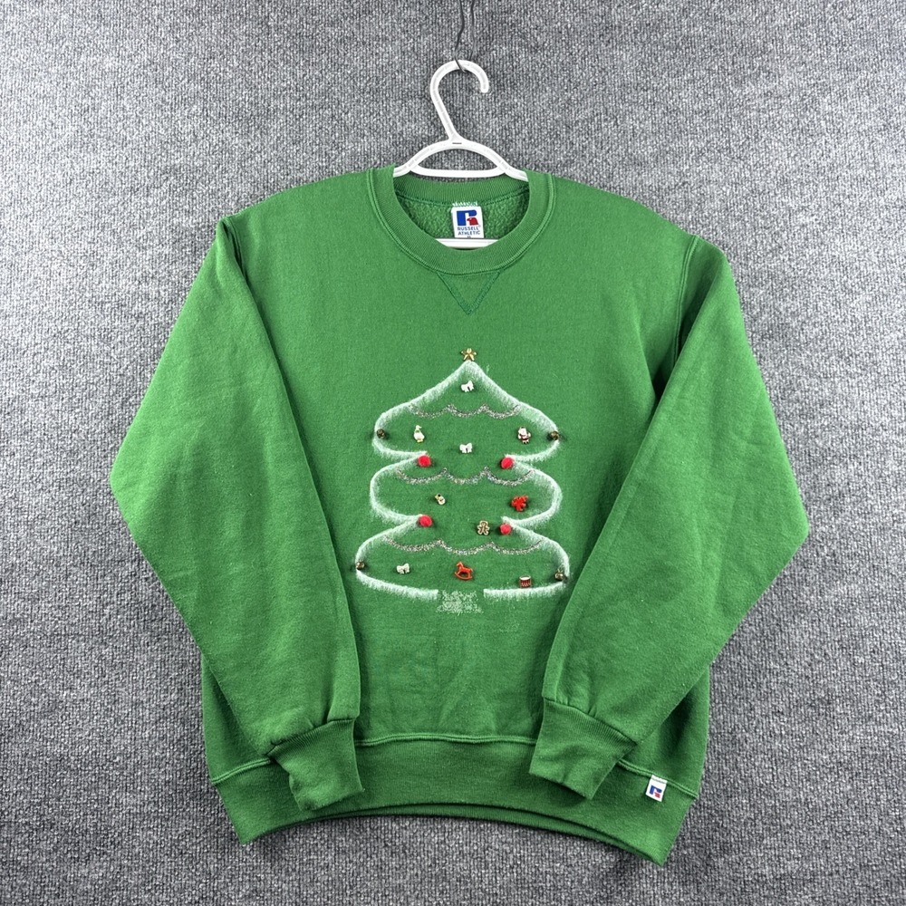 VINTAGE 90s Russell Crewneck Mens M Green‎ Christmas Tree Sweater Bells Pullover